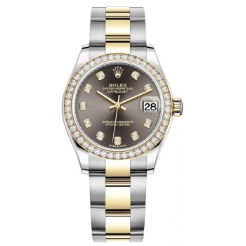 Réplique Rolex Datejust 31 Montre pour femme en acier inoxydable et or jaune avec cadran gris foncé et lunette en diamant M278383RBR-0021