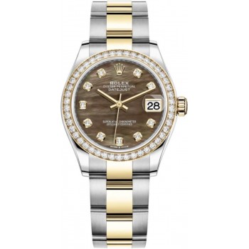 Réplique Rolex Datejust 31 Montre pour femme en acier inoxydable et or jaune avec cadran en nacre noire et lunette en diamant M278383RBR-0023