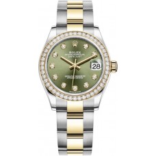 Réplique Rolex Datejust 31 Montre pour femme en acier inoxydable et or jaune avec cadran diamant vert olive et lunette en diamant M278383RBR-0029