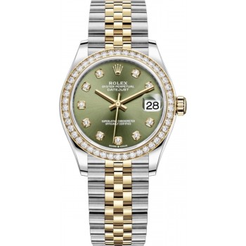 Réplique Rolex Datejust 31 Montre pour femme en acier inoxydable et or jaune avec cadran diamant vert olive et lunette en diamant M278383RBR-0030