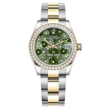 Réplique Rolex Datejust 31 en acier inoxydable et or jaune, cadran en diamant à motif floral vert olive, lunette en diamant, montre pour femme M278383RBR-0031