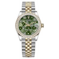 Réplique Rolex Datejust 31 en acier inoxydable et or jaune, cadran en diamant à motif floral vert olive, lunette en diamant, montre pour femme M278383RBR-0032