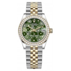 Réplique Rolex Datejust 31 en acier inoxydable et or jaune, cadran en diamant à motif floral vert olive, lunette en diamant, montre pour femme M278383RBR-0032