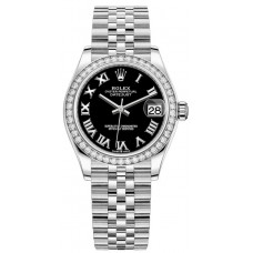 Réplique Montre pour femme Rolex Datejust 31 en acier inoxydable et or blanc avec cadran romain noir et lunette en diamant M278384RBR-0002