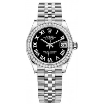 Réplique Montre pour femme Rolex Datejust 31 en acier inoxydable et or blanc avec cadran romain noir et lunette en diamant M278384RBR-0002