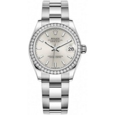 Réplique Montre pour femme Rolex Datejust 31 en acier inoxydable et or blanc avec cadran argenté et lunette en diamant bombée M278384RBR-0015