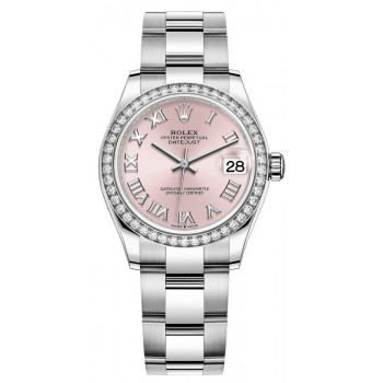 Réplique Montre pour femme Rolex Datejust 31 en acier inoxydable et or blanc avec cadran romain rose et lunette en diamant M278384RBR-0023