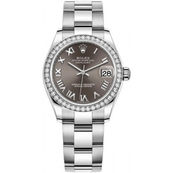 Réplique Montre pour femme Rolex Datejust 31 en acier inoxydable et or blanc avec cadran romain gris foncé et lunette en diamant M278384RBR-0025