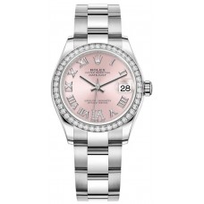 Réplique Rolex Datejust 31 Montre pour femme en acier inoxydable et or blanc à pavé rose avec cadran romain et lunette en diamant M278384RBR-0027