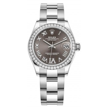 Réplique Rolex Datejust 31 Montre pour femme en acier inoxydable et or blanc, pavé gris foncé, cadran romain, lunette en diamant, M278384RBR-0031