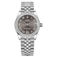 Réplique Rolex Datejust 31 Montre pour femme en acier inoxydable et or blanc, pavé gris foncé, cadran romain, lunette en diamant, M278384RBR-0032