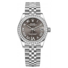 Réplique Rolex Datejust 31 Montre pour femme en acier inoxydable et or blanc, pavé gris foncé, cadran romain, lunette en diamant, M278384RBR-0032