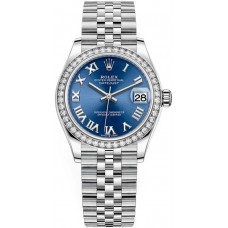 Réplique Montre pour femme Rolex Datejust 31 en acier inoxydable et or blanc avec cadran romain bleu et lunette en diamant M278384RBR-0037