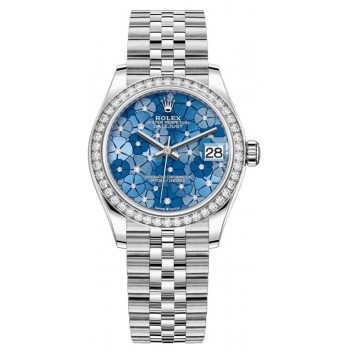 Réplique Rolex Datejust 31 en acier inoxydable et or blanc Azzurro-bleu-motif floral cadran diamant lunette diamant montre pour femme M278384RBR-0040