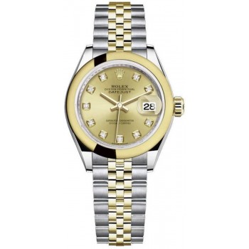 Réplique Montre pour femme Rolex Lady-Datejust 28 en acier inoxydable et or jaune avec cadran diamant champagne M279163-0011