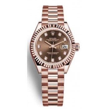 Réplique Montre pour femme Rolex Lady-Datejust 28 avec cadran diamant chocolat et or Everose M279175-0016