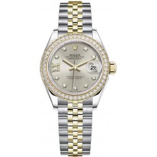 Réplique Montre pour femme Rolex Lady-Datejust 28 en acier inoxydable et or jaune et cadran diamant argenté M279383RBR-0003