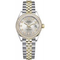 Réplique Montre pour femme Rolex Lady-Datejust 28 en acier inoxydable et or jaune et cadran diamant argenté M279383RBR-0007