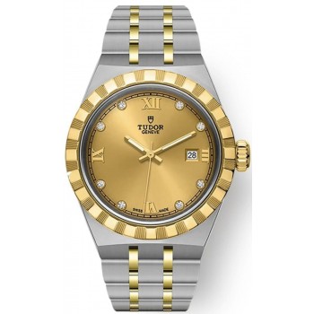 Réplique Montre unisexe Tudor Royal Champagne avec cadran diamant en acier inoxydable et or jaune M28303-0006