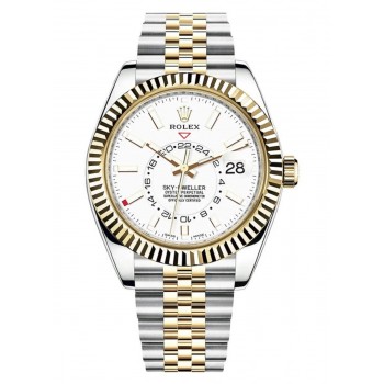 Réplique Rolex Sky-Dweller Cadran blanc Or jaune et amp; Montre pour homme avec bracelet jubilé en acier M326933-0010-SD