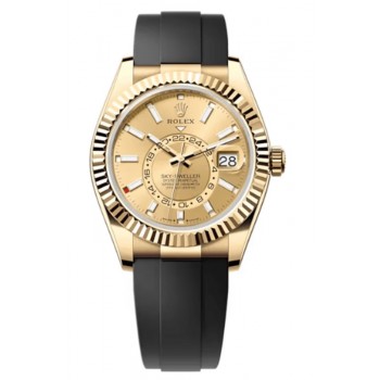 Réplique Montre Rolex Sky-Dweller en or jaune avec cadran champagne pour homme Oysterflex M336238-0001