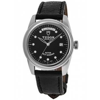 Réplique Tudor Glamour Date&amp;Day Cadran serti de diamants noirs Montre unisexe en cuir noir M56000-0083