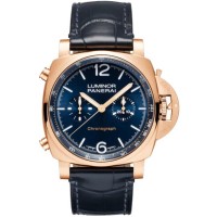 Réplique Montre pour homme Panerai Luminor Chrono en or rose 18 carats avec cadran bleu et bracelet en cuir PAM01111