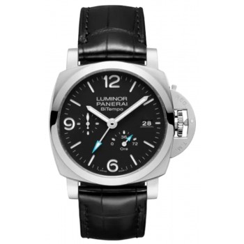 Réplique Montre Panerai Luminor Bitempo pour homme avec cadran noir et bracelet en cuir PAM01360