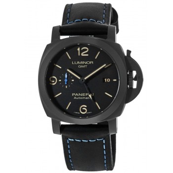 Réplique Montre pour homme Panerai Luminor GMT automatique avec boîtier en céramique et bracelet en cuir PAM01441