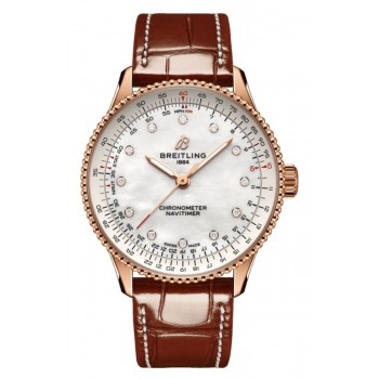 Réplique Montre pour femme Breitling Navitimer Automatic 36 avec cadran en nacre et diamant, or rose 18 carats, bracelet en cuir, R17327211A1P1