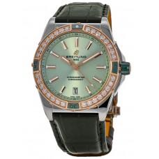 Réplique Montre pour femme Breitling Super Chronomat automatique avec cadran vert, acier diamant et bracelet en cuir or rose 18 carats U17356531L1P1