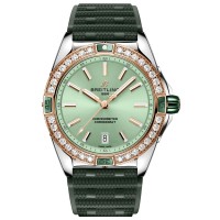 Réplique Montre pour femme Breitling Super Chronomat automatique avec cadran vert, acier diamant et bracelet en caoutchouc or rose 18 carats U17356531L1S1