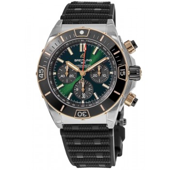 Réplique Breitling Super Chronomat B01 44 Or Rose &amp; Montre pour homme en acier, cadran vert, bracelet en caoutchouc, UB0136251L1S1