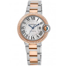 Réplique Cartier Ballon Bleu 33 mm en or rose 18 carats etamp; Montre pour femme avec lunette en diamant personnalisée en acier W2BB0032-CD