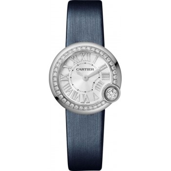 Réplique Montre pour femme Cartier Ballon Blanc avec cadran argenté et bracelet en cuir diamant W4BL0002