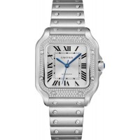 Réplique Montre Cartier Santos De Cartier avec cadran argenté et acier diamanté pour femme W4SA0005