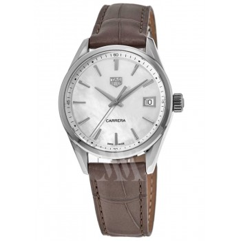 Réplique Montre pour femme Tag Heuer Carrera à quartz avec cadran en nacre et bracelet en cuir marron WBK1311.FC8258