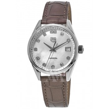 Réplique Montre pour femme Tag Heuer Carrera à quartz avec cadran diamant et bracelet en cuir taupe WBK1318.FC8258