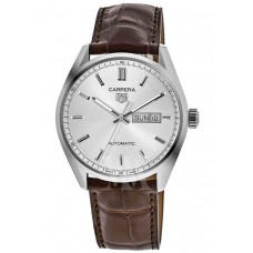 Réplique Montre pour homme Tag Heuer Carrera Calibre 5 Day-Date avec cadran argenté et bracelet en cuir WBN2011.FC6484