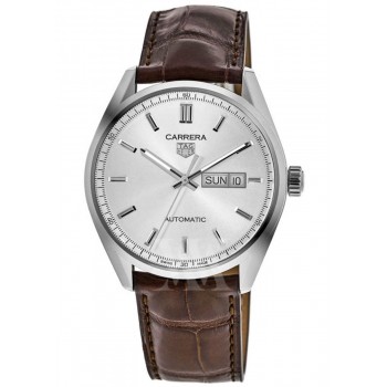 Réplique Montre pour homme Tag Heuer Carrera Calibre 5 Day-Date avec cadran argenté et bracelet en cuir WBN2011.FC6484