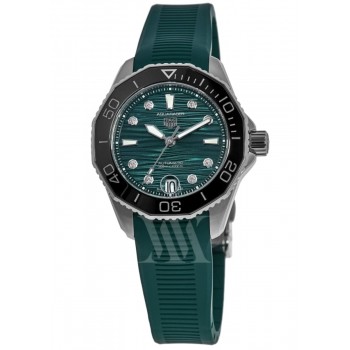 Réplique Montre pour femme Tag Heuer Aquaracer Professional 300 Date cadran diamant vert bracelet en caoutchouc WBP231G.FT6226