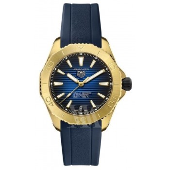 Réplique Montre pour homme Tag Heuer Aquaracer Professional 200 avec cadran bleu et bracelet en caoutchouc en or jaune 18 carats WBP5152.FT6210