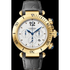 Réplique Cartier Pasha De Cartier Cadran chronographe argenté Bracelet en cuir en or jaune 18 carats Montre pour homme WGPA0017