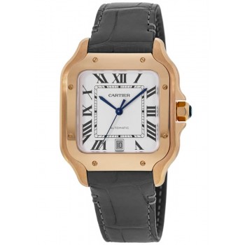 Réplique Cartier Santos De Cartier Grande montre automatique pour homme avec cadran argenté et bracelet en cuir gris WGSA0019