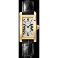 Réplique Montre Cartier Tank Américaine petit cadran argenté bracelet en cuir or jaune pour femme WGTA0039