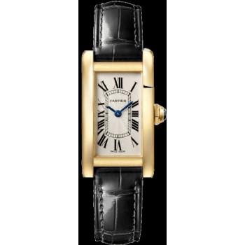 Réplique Montre Cartier Tank Américaine petit cadran argenté bracelet en cuir or jaune pour femme WGTA0039