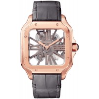 Réplique Montre pour homme Cartier Santos De Cartier avec cadran squelette en or rose 18 carats et bracelet en cuir WHSA0018