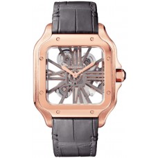 Réplique Montre pour homme Cartier Santos De Cartier avec cadran squelette en or rose 18 carats et bracelet en cuir WHSA0018