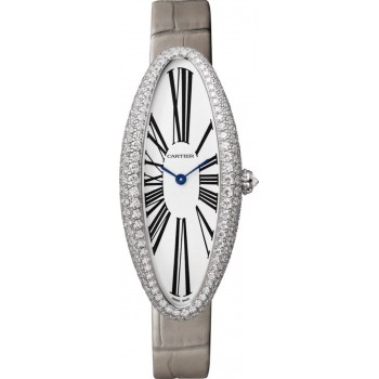 Réplique Montre pour femme Cartier Baignoire Allongee avec cadran argenté et bracelet en cuir diamant en or blanc 18 carats WJBA0007