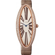 Réplique Montre pour femme Cartier Baignoire Allongee extra large avec cadran argenté et bracelet en cuir diamant en or rose 18 carats WJBA0008